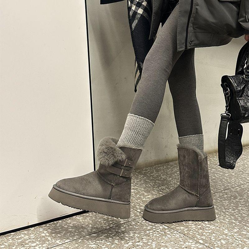 Women's soft elastic thick sole winter fur one warm cold padded snow boots non-slip wear casual sports cotton boots