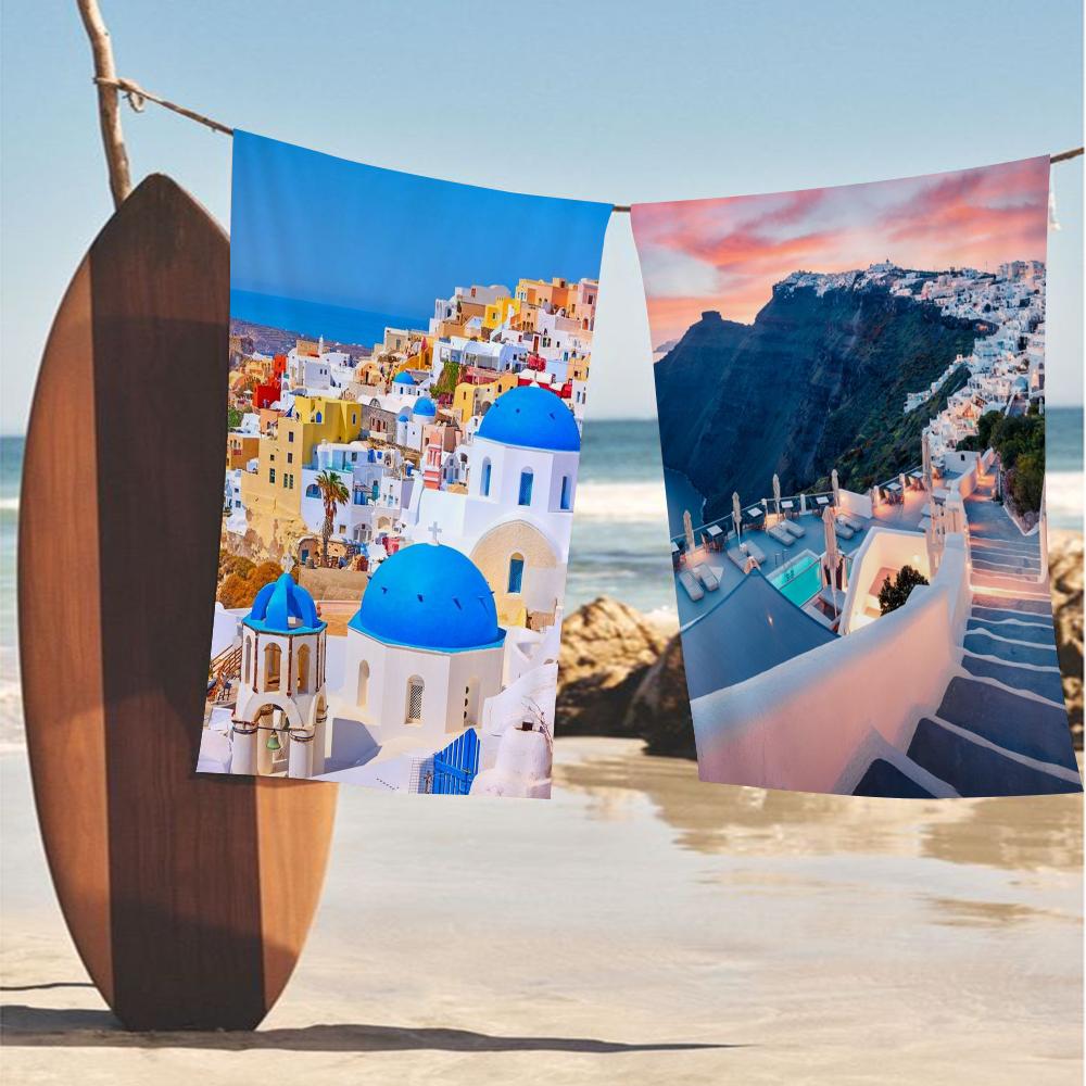 Ka Chen Muxi White Greece Santorini Aegean Sea Anime Beach Swimming Towel Soft Absorbent Washcloth Children's Gifts For Kids Travel Camping Gym