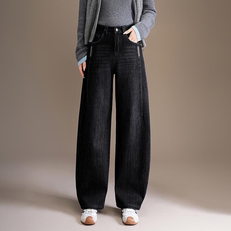Plus Velvet High-Waisted Wide-Leg Scythe Jeans - Women s 2026 Spring Slimming Loose Banana Pants Black Cropped