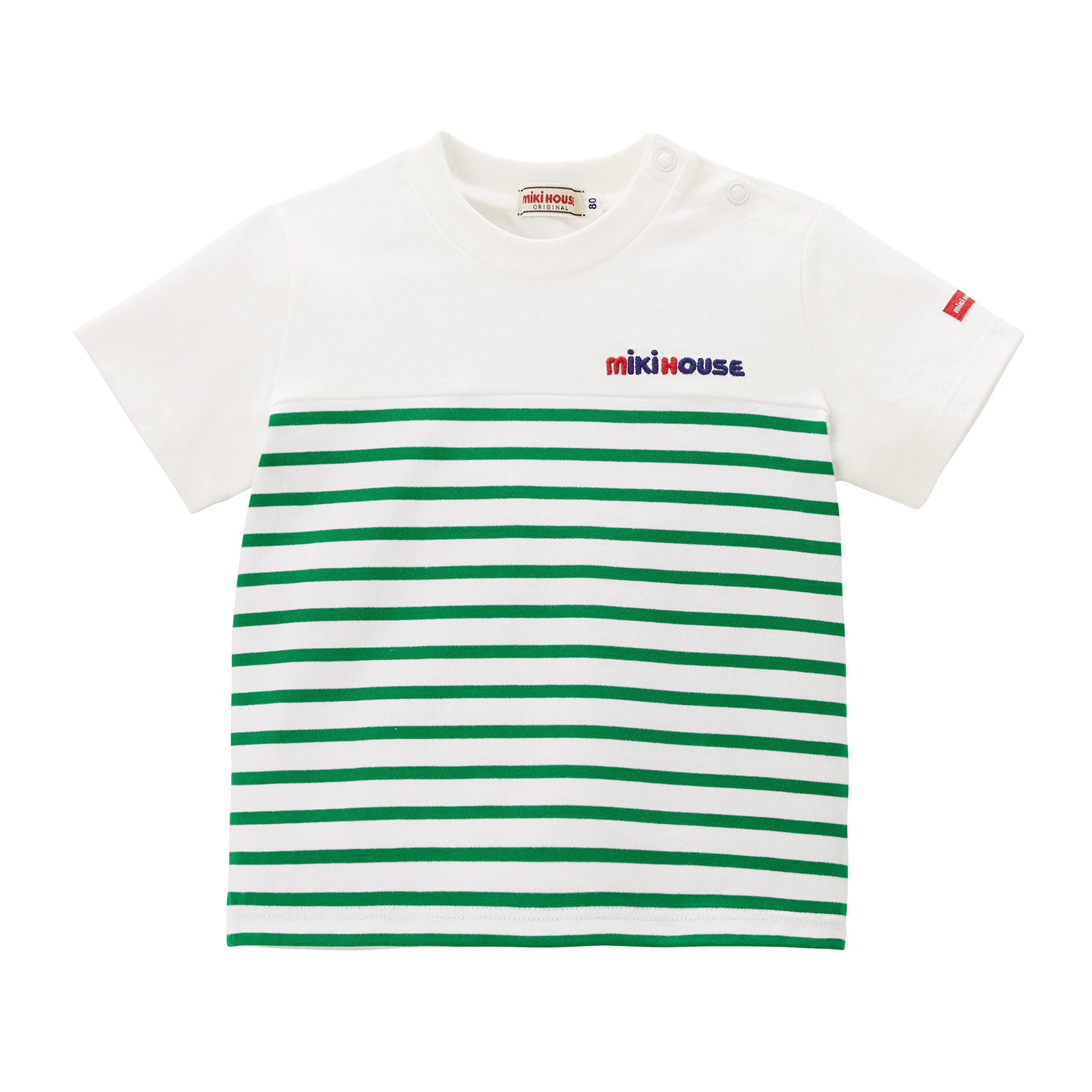 

Short Made in Going to Green [MIKI HOUSE] T-shirt, Sleeve, Border, Logo, Simple, Japan, Boys, Girls, Babies, Kids, Children s Clothing, Kindergarten, зелений