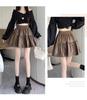 Plus Size Women's Coffee PU Leather Pleated High-Waist A-line Skirt