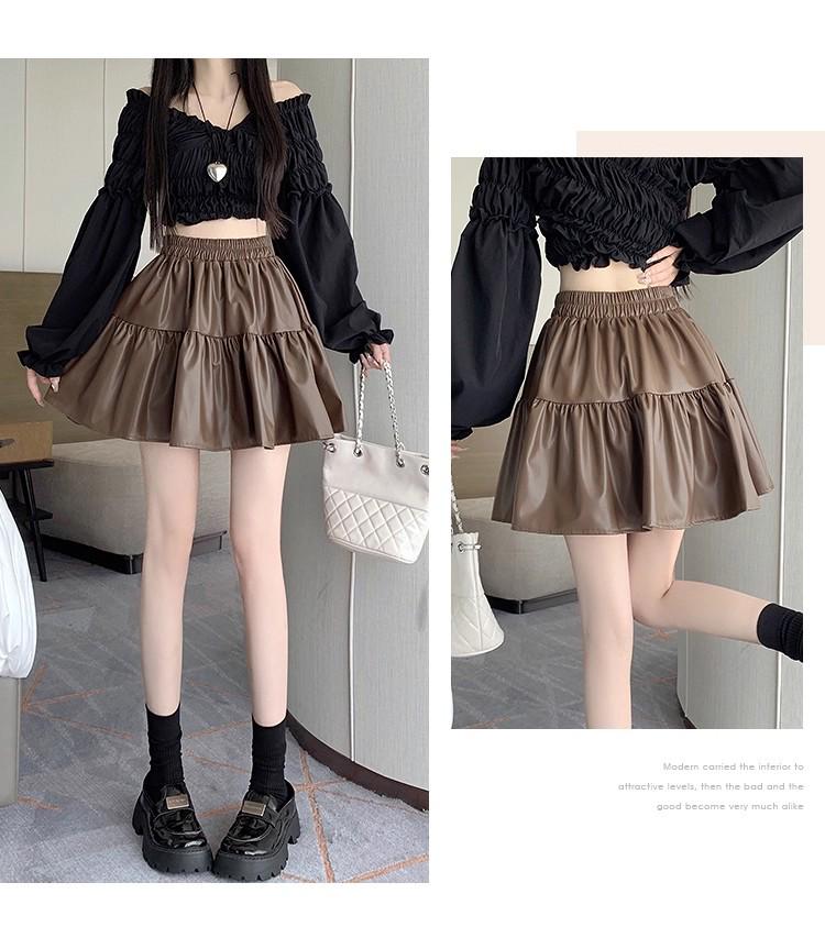 Plus Size Women's Coffee PU Leather Pleated High-Waist A-line Skirt