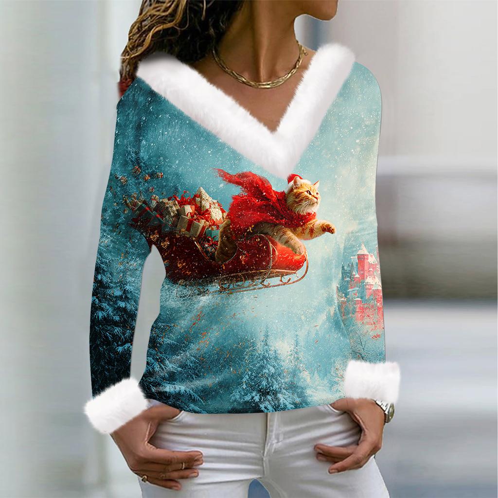 Women's T Shirt Tee Christmas Shirt Long Sleeve Party Christmas Print Fleece Collar V Neck Top