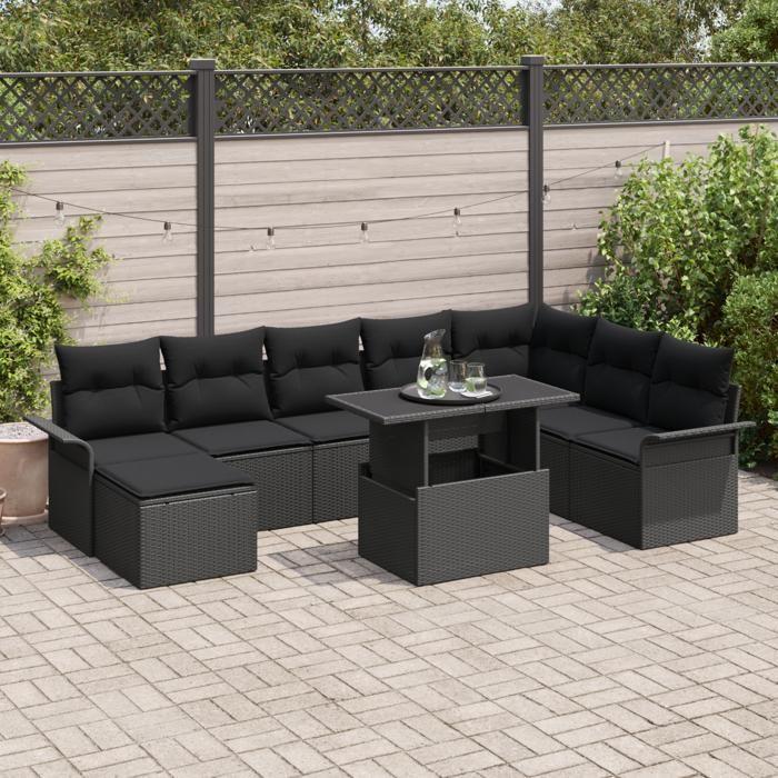 VidaXL Ensemble de canapé jardin 9 pièces avec coussins en rattan noir poly 3348339