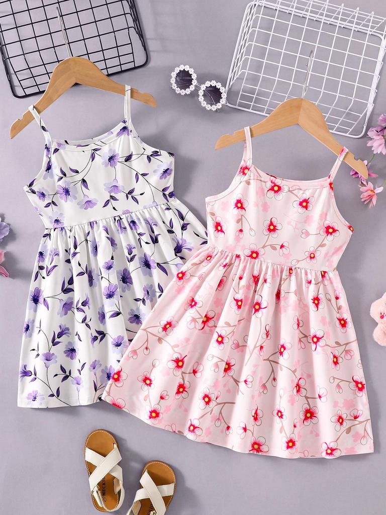 2-Piece Set: Girls' Casual/Preppy/Vacation Style Camisole Dress with All-Over Botanical Floral Print (Spring/Summer)