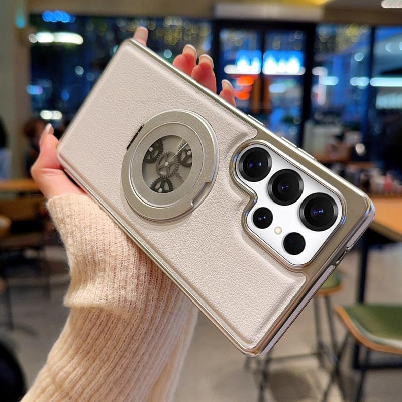For Samsung Galaxy S24 Ultra Magnetic Case Rotating Kickstand Gear Stress Relief Leather Phone Back Cover