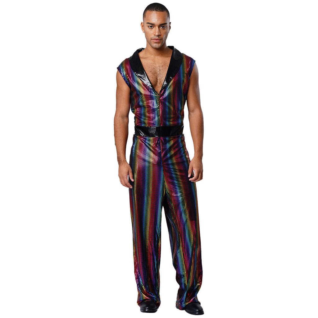 Retro 1920s Disco Outfit for Men M-3XL Metallic Shiny Plaid V Neck Lapel Sleeveless Wide Leg Jumpsuit for Club Rave Stage