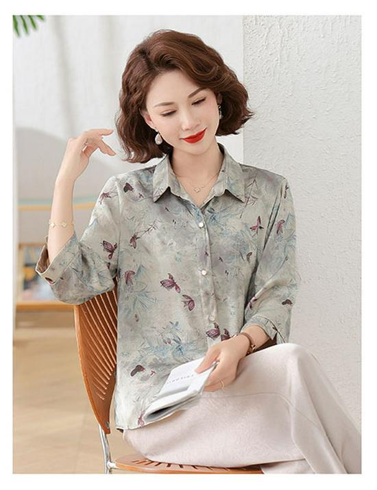 2026 Chic Printed Shirt for Moms: Loose, Nine-Point Sleeve, Spring/Autumn Fashion for Middle-Aged and Elderly Women