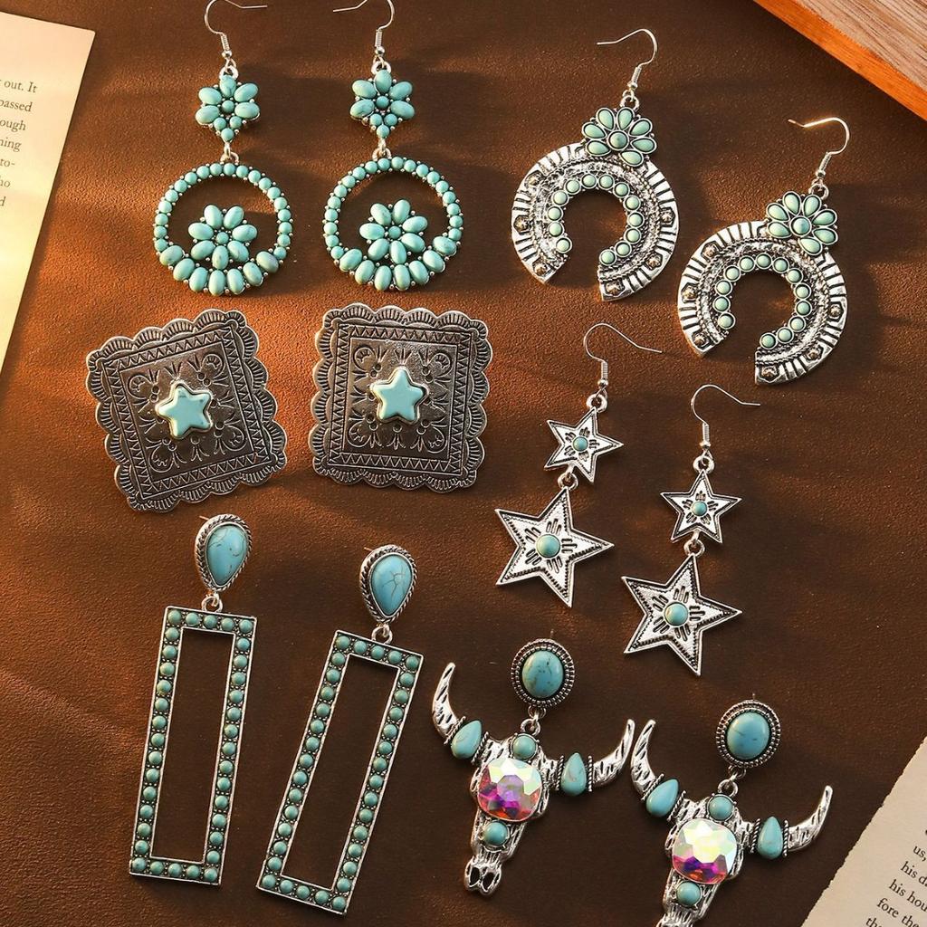 Böhmische Diamant Türkis Blume Stern Ohrringe Hohes Niveau Retro Ethnischer Stil Ohrringe