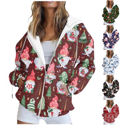 Kadın Modası Rahat Noel Baskılı Uzun Kollu Sweatshirt Cep Ceket Fermuarlı Kapşonlu Mont