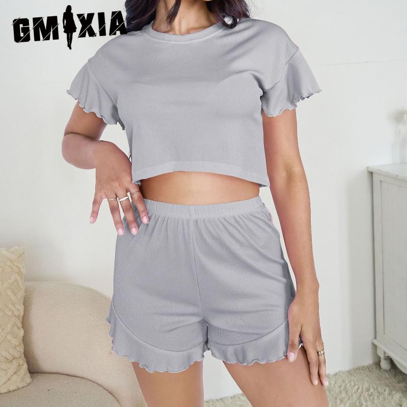 GMXIA Pajamas Ruffled Loose Short Top Shorts Two-piece Set of Women's Loungewear
