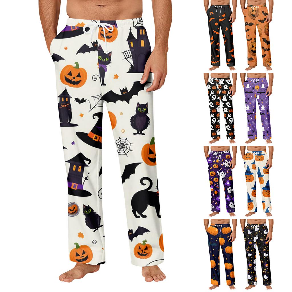 Men's Halloween Print Pocket Straight Casual Pants Home Pajama Pants