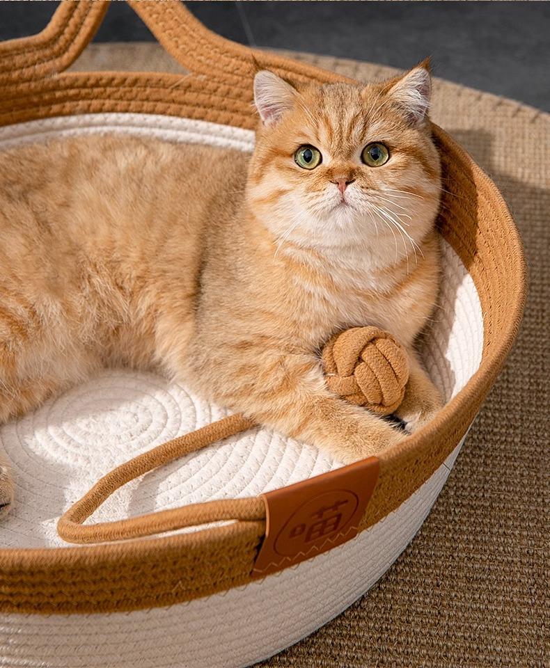 Handwoven Cotton Rope Cat Bed - Breathable & Easy to Clean, Foldable Scratchable Hammock with Cat Ear and a Playing Ball for Cat