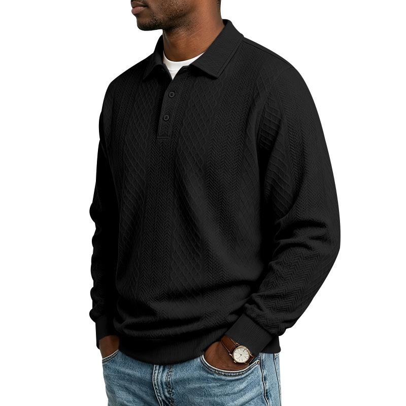 Men’s Heavyweight Jacquard Polo Shirt for Autumn/Winter: Casual Textured Diamond-Patterned Plain Long-Sleeved Crew-Neck Sweatshirt