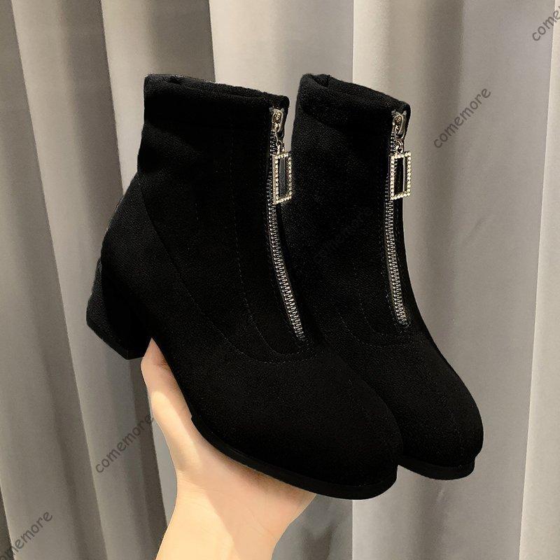 Feiern Sie Herbst und Winter Schwarze Stiefeletten mit dickem Absatz Mode Wildleder Reißverschluss vorne Kurze Stiefel für Damen Retro Damenschuhe