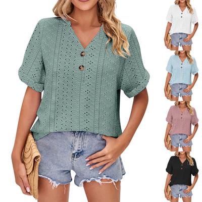 Women's Casual V-Neck Rolled Button Short Sleeve T-Shirt Top