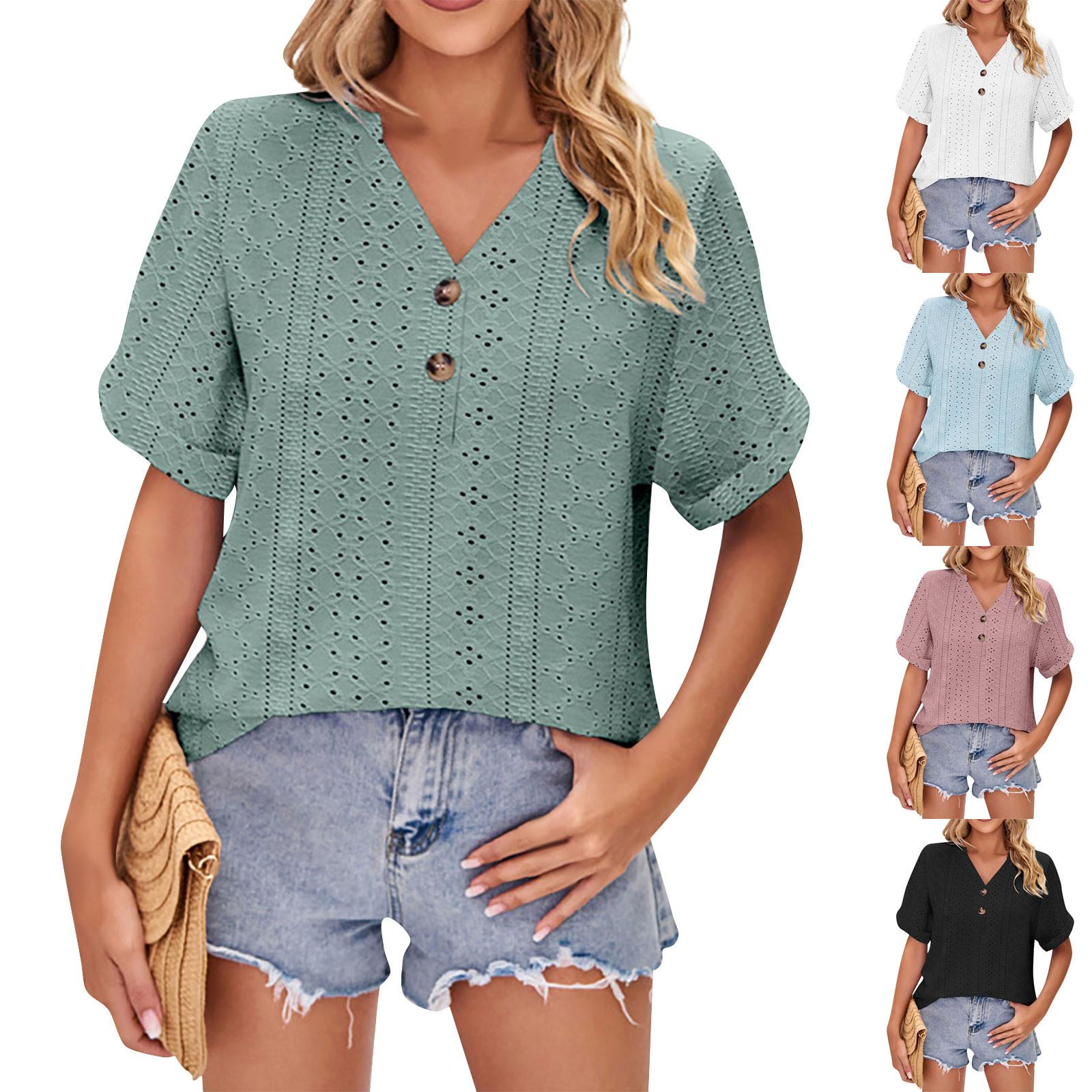 

Женская повседневная футболка с коротким рукавом и V-образным вырезом, застегивающимися пуговицами L