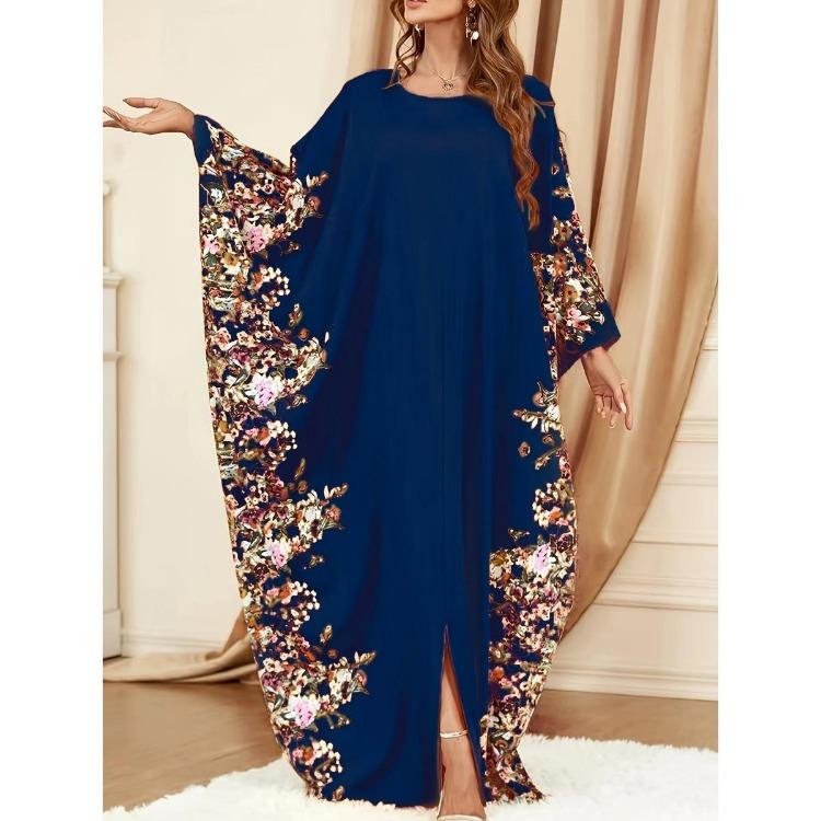 Ramadan Elegant Floral Print Maxi Dress Batwing Sleeve Split Women Kaftan Clothing