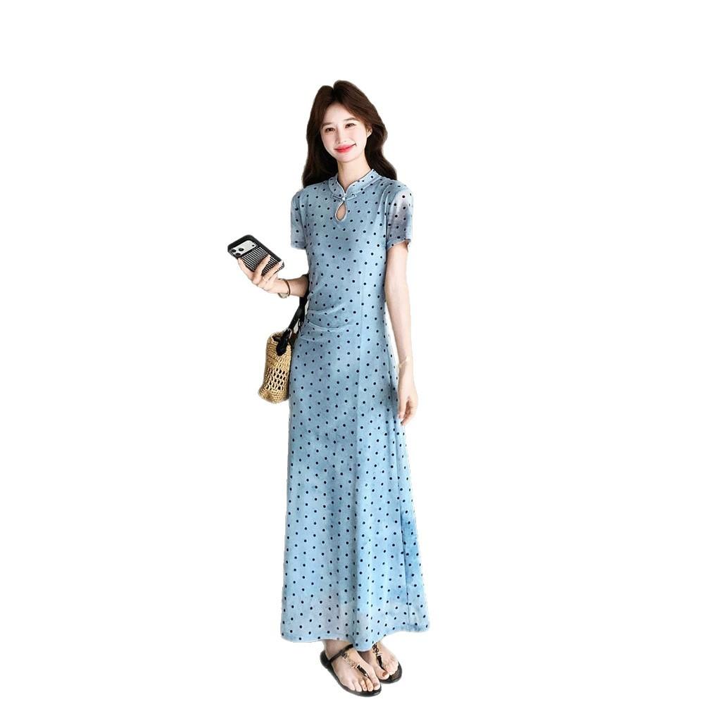 French elegant polka dot dress for women, new summer elegant stand collar, waist-cinching slimming gentle short-sleeved long dress