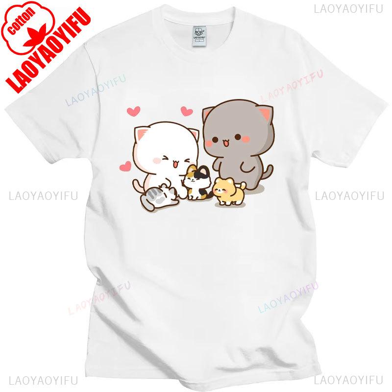 Pfirsich Katze Goma und Mochi Selfie T-Shirt Sommer Baumwolle Kurzarm T-Shirts Niedlicher Druck T-Shirt Mode Harajuku Lustige Partner Tops