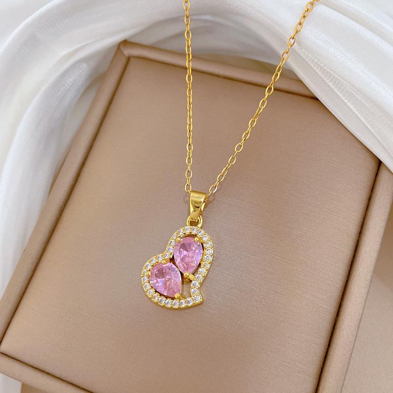 Irregular Pink Love Light Luxury Temperament Gorgeous Full Diamond Necklace Female Versatile Collarbone Chain Titanium Steel Chain
