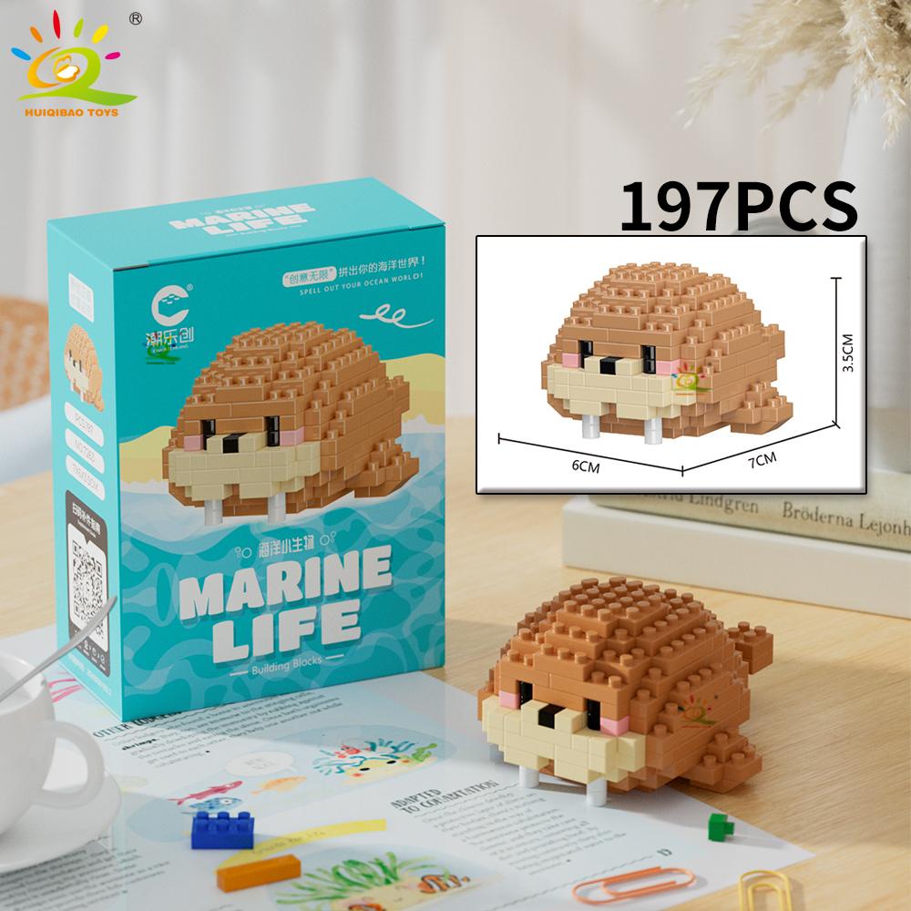 HUIQIBAO Mini Cute Shark Turtle Crab Sealife Animal Micro Building Block 3D Diamond Model Brick DIY City Toys for Children Kids