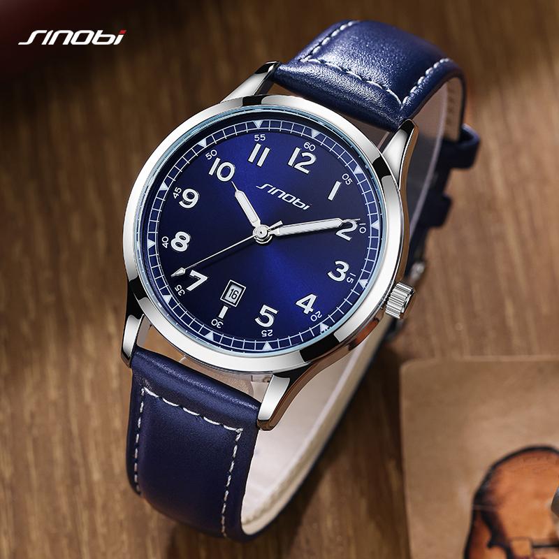 SINOBI Fashion Design Men's Watches Original Leather Strap Man's Quartz Wristwatches Top Luxury Male Best Gifts Luminous Clock
