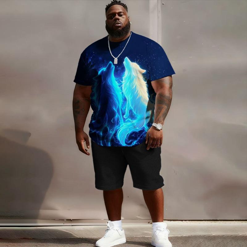 S-6XL Große Größen Herren Oversized Fit, Wolf, Mond & Flamme 3D-Druck T-Shirt & Shorts Set, Lässiges Streetwear Outfit