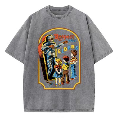 Respektieren Sie Ihre Ältesten Mama Lustiges gewaschenes Retro-Herren-T-Shirt aus Baumwolle Casual T-Shirts Harajuku Oversize-T-Shirt Loses atmungsaktives T-Shirt