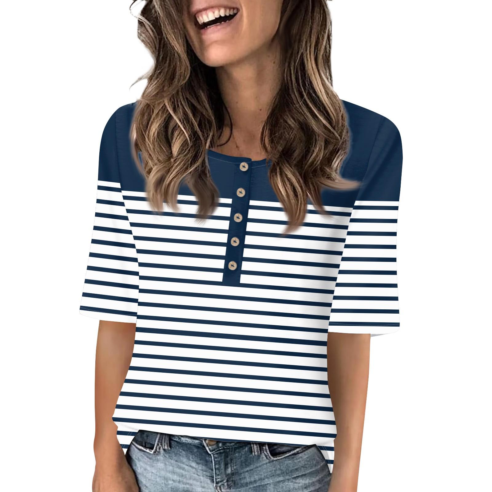 

Рубашки для женщин, модные футболки с круглым вырезом и пуговицами, повседневные летние футболки с принтом, футболка, блузка, топы с короткими рукавами для женщин M тёмно-синий