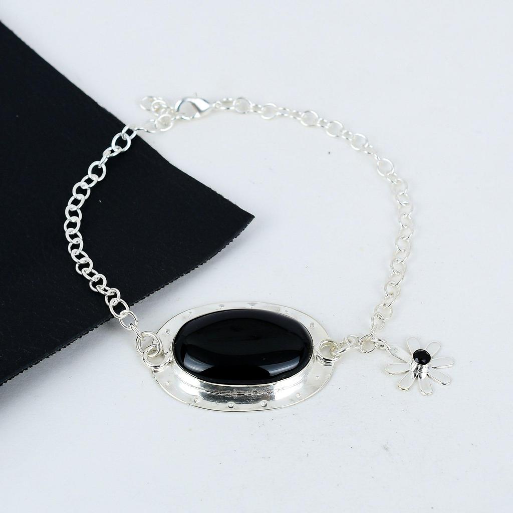 Naturlig Svart Onyx Ädelsten Handgjort 925 Sterlingsilver Armband, Svart Spinel Armband För Fru , Unisex Armband, Festkläder Gåva