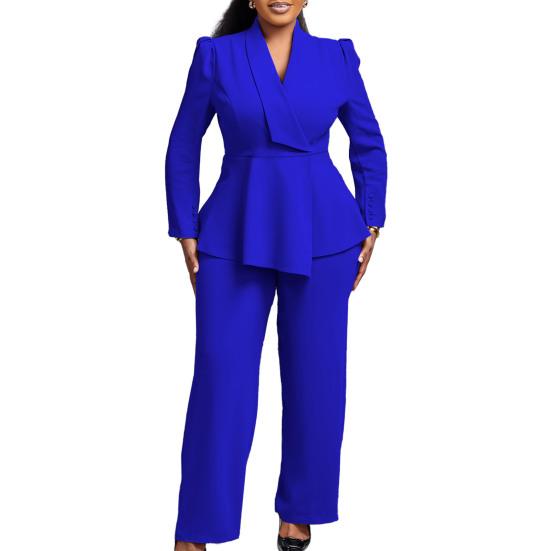 Damskie Zestawy 2-częściowe Plus Size Blazer z Długim Rękawem z Falbaną i Nierównym Dołem + Spodnie Garnitur Biznesowy Zestaw do Pracy Biurowej