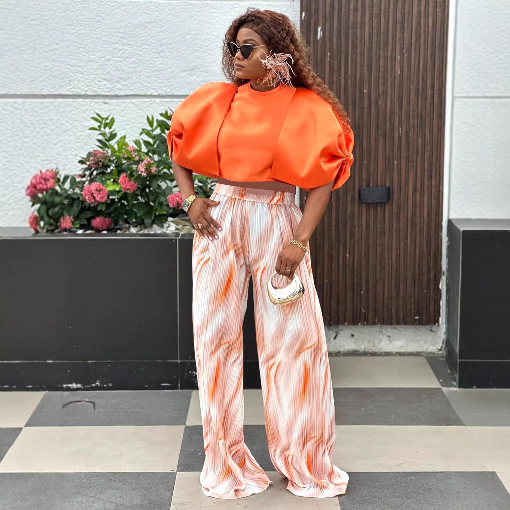 

Women s Plus Size Orange Puff Sleeve Crop Top & Tie-Dye Stripe Wide-Leg Pants Set L