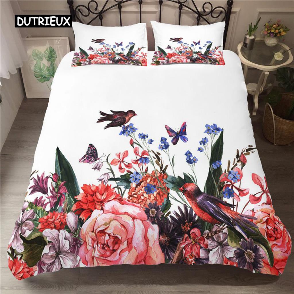 Flower Duvet Cover Set White Butterfly Flower Pattern Fantasy Purple Background Bedding Set Flower Theme King Size Quilt Cover