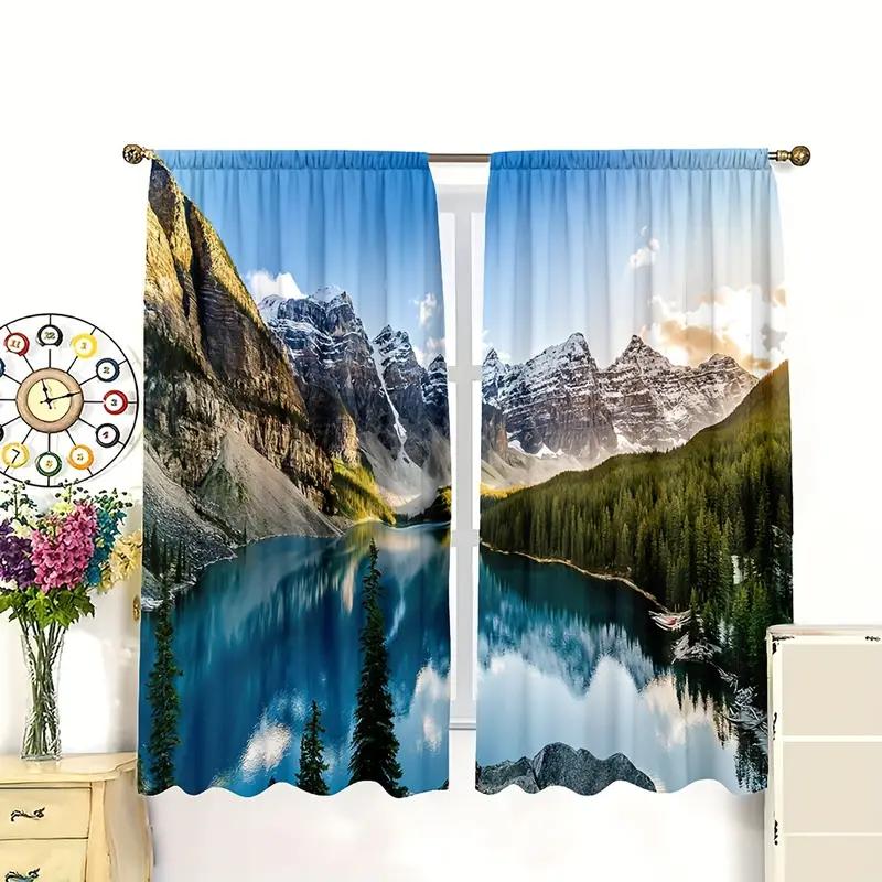 2pcs Breathtaking Mountain Lake Printed Curtains, Designed for Light Filtering, Quality Material, Ideal for Nature-Lover Home Wi