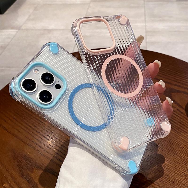 Transparent Stripe Soft TPU Phone Case For iPhone 16 15 14 Plus 13 12 11 Pro Max Clear Magnetic For Magsafe Wireless Charge Capa