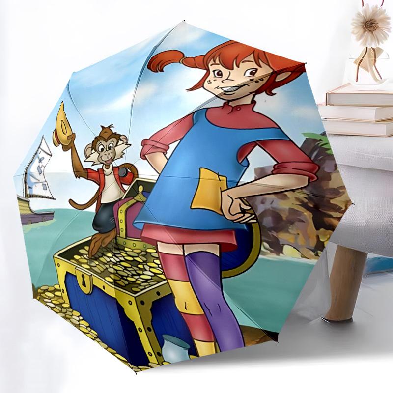1pc Pippi Longstocking Automatic Folding Umbrella - Compact 8-Rib Design, Durable Plastic & Iron, Daily Use Z1230054