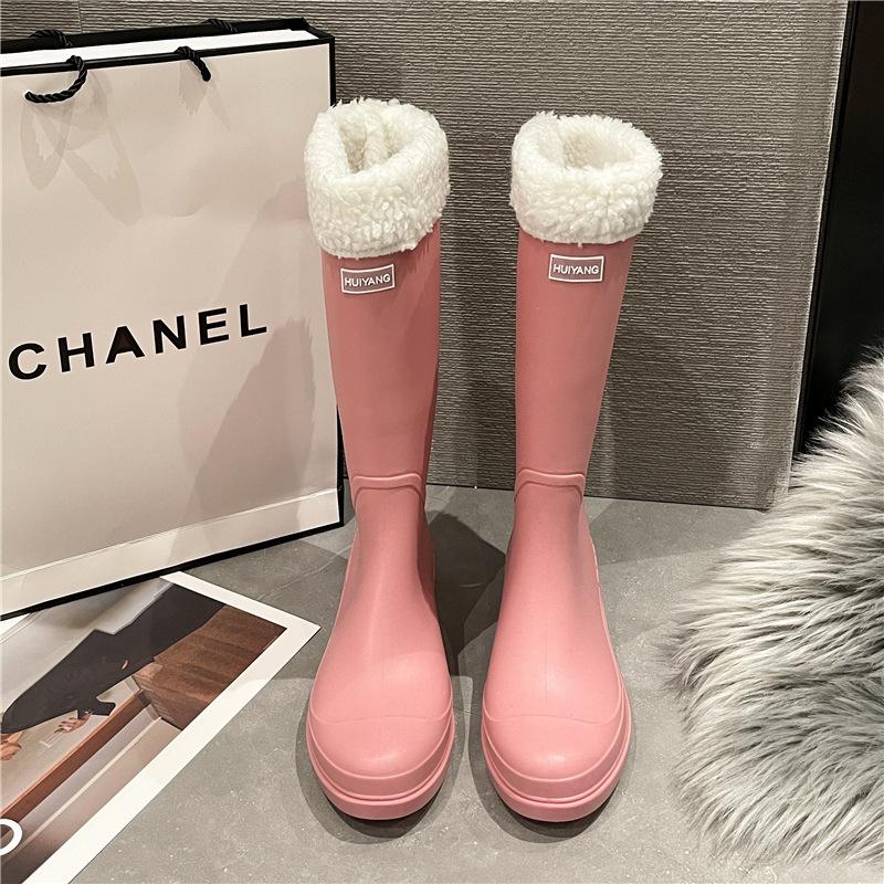 Fashion new high tube rain shoes female adult velvet warm non-slip water shoes high top boots cold rain shoes