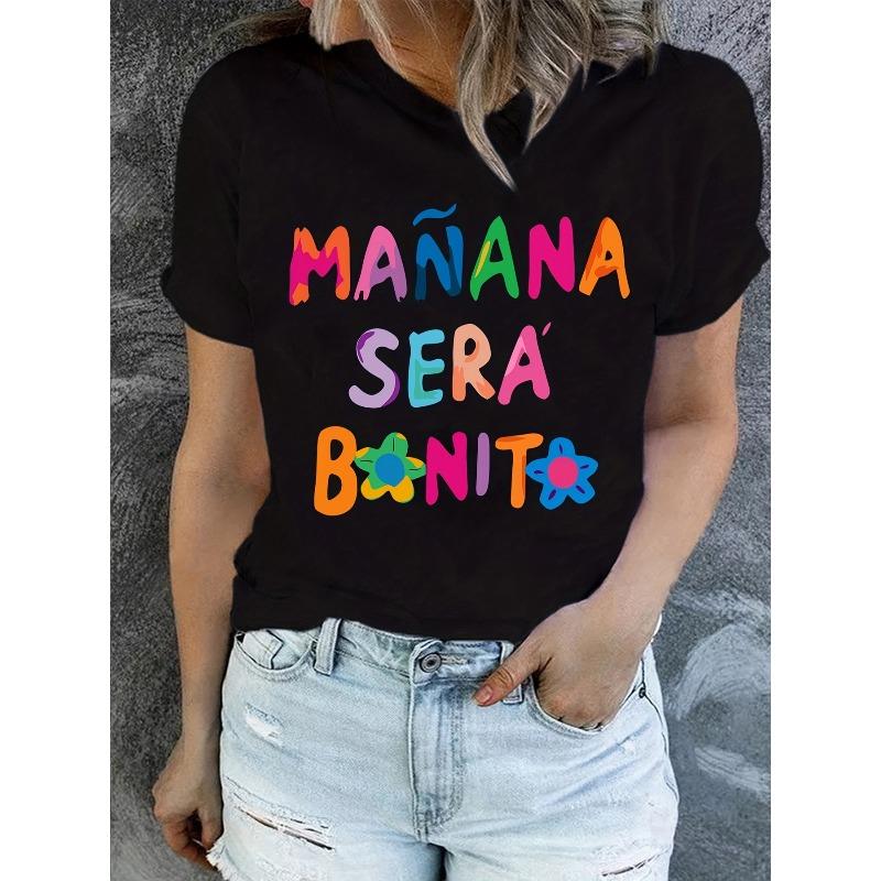 T-shirt à imprimé lettres tailles européennes, Haut décontracté à manches courtes et col rond pour l'été et le printemps, Vêtements pour femmes