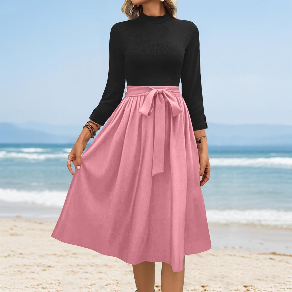 Dámské módní ležérní šaty se sedmirukávovým kulatým výstřihem v jednobarevném provedení