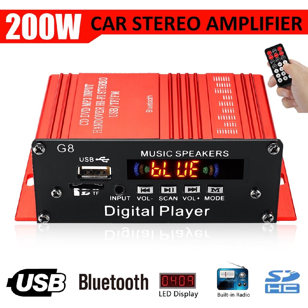 2CH 100W+100W DC 12V HIFI Audio Power Amplifier bluetooth Stereo FM Radio USB Remote Control Red Car Audio Amplificador
