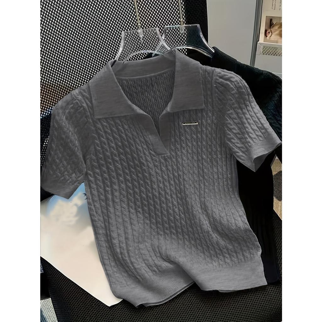 Tricou cu mâneci scurte cu mâneci scurte, cu rever, cu rever, din mătase de gheață