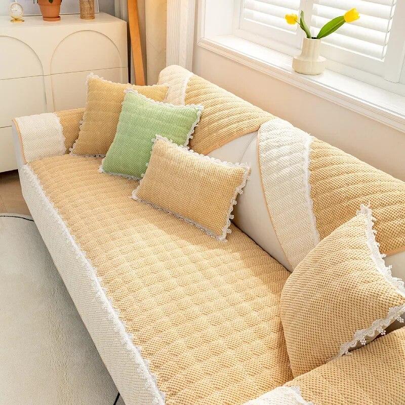 Winter Thicken Plush Sofa Cover White Wide Edge  Chaise Lounge Sofa Towel Mat Modern Non-Slip Couch Cover Cushions Living Room