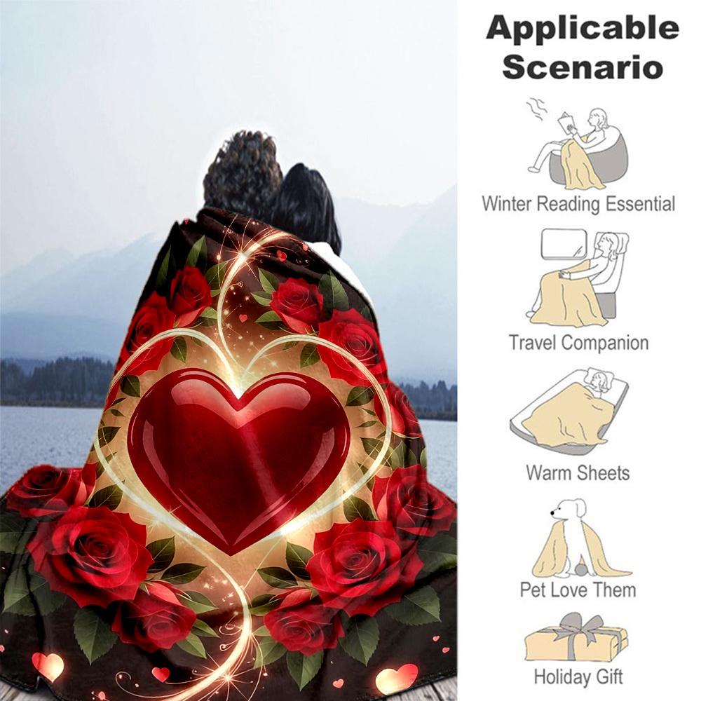 1pc heart roses Outdoor Flannel Blanket Soft Warm All-Season Throw for Sofa Bed Car Camping Office, Cozy Gift Idea1242S