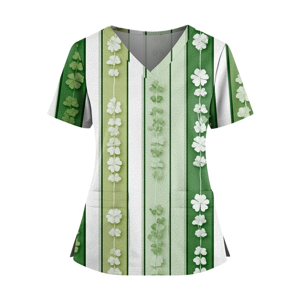 Frauen St. St. Patrick's Day Druck V-Ausschnitt Doppeltasche Kurzarm Uniform Oberteil mit geschlitztem Saum