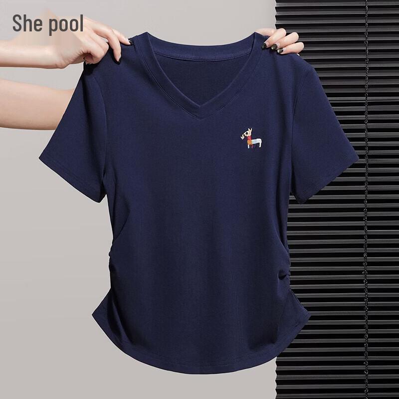 

She Pool Women s Pleated Embroidered V-Neck T-Shirt M