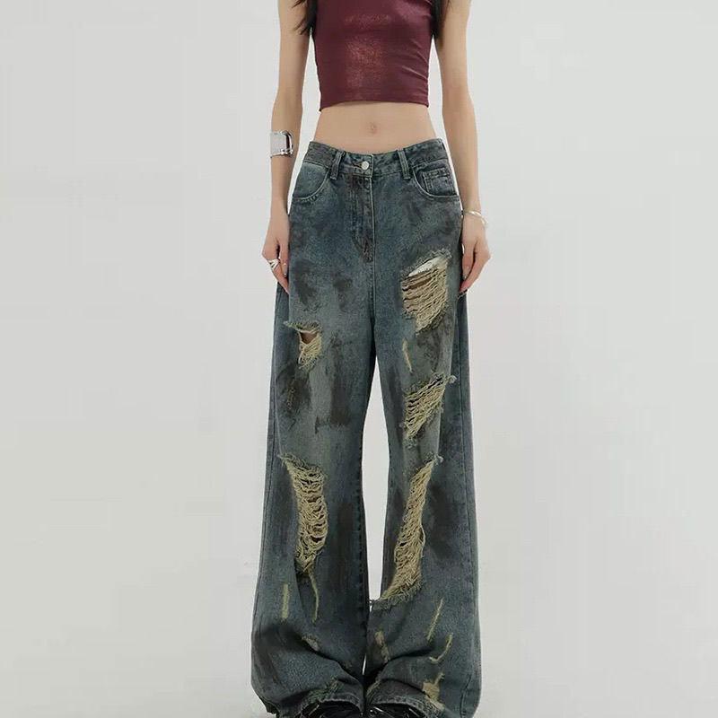 Women's High Waist Wide Leg Jeans Vintage Distressed Ripped Baggy Straight Leg American Plus Size Summer Denim Trousers