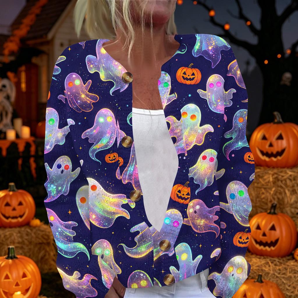 Women's Halloween Print Long Sleeve Knit Cardigan Button Up Sweater Coat Lightweight Comfortable Fit Seasonal Outerwear