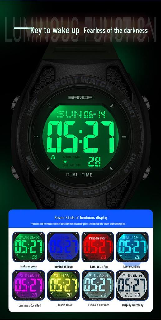 Sanda Multi-Function Waterproof Sport Watch with Alarm & Seven-Color Luminous Display