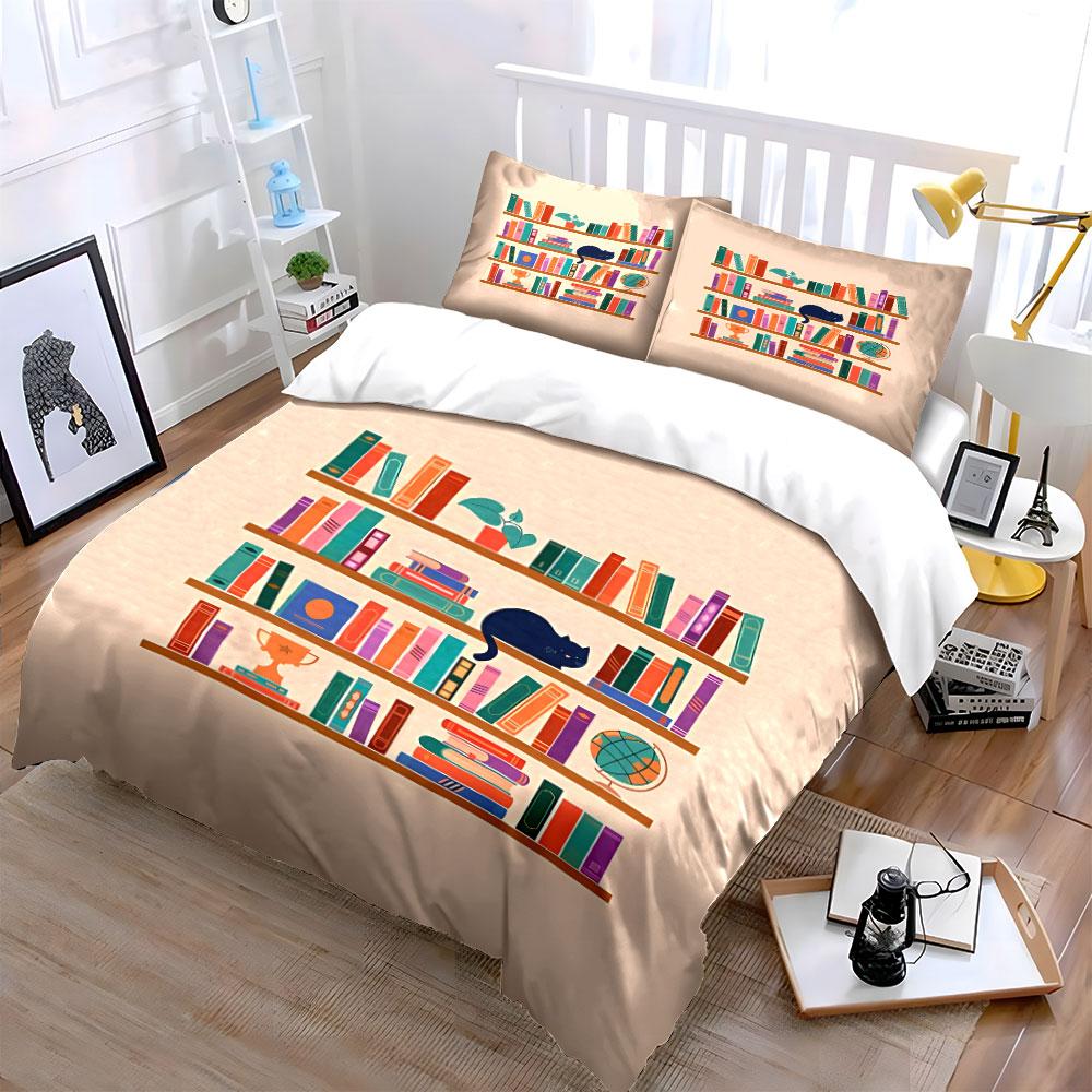 Bookshelves, cat, globe, trophy. Bedding sets Duvet cover sets Duvet covers Pillowcases(1*Duvet Cover 2*Pillowcases without duvet insert)